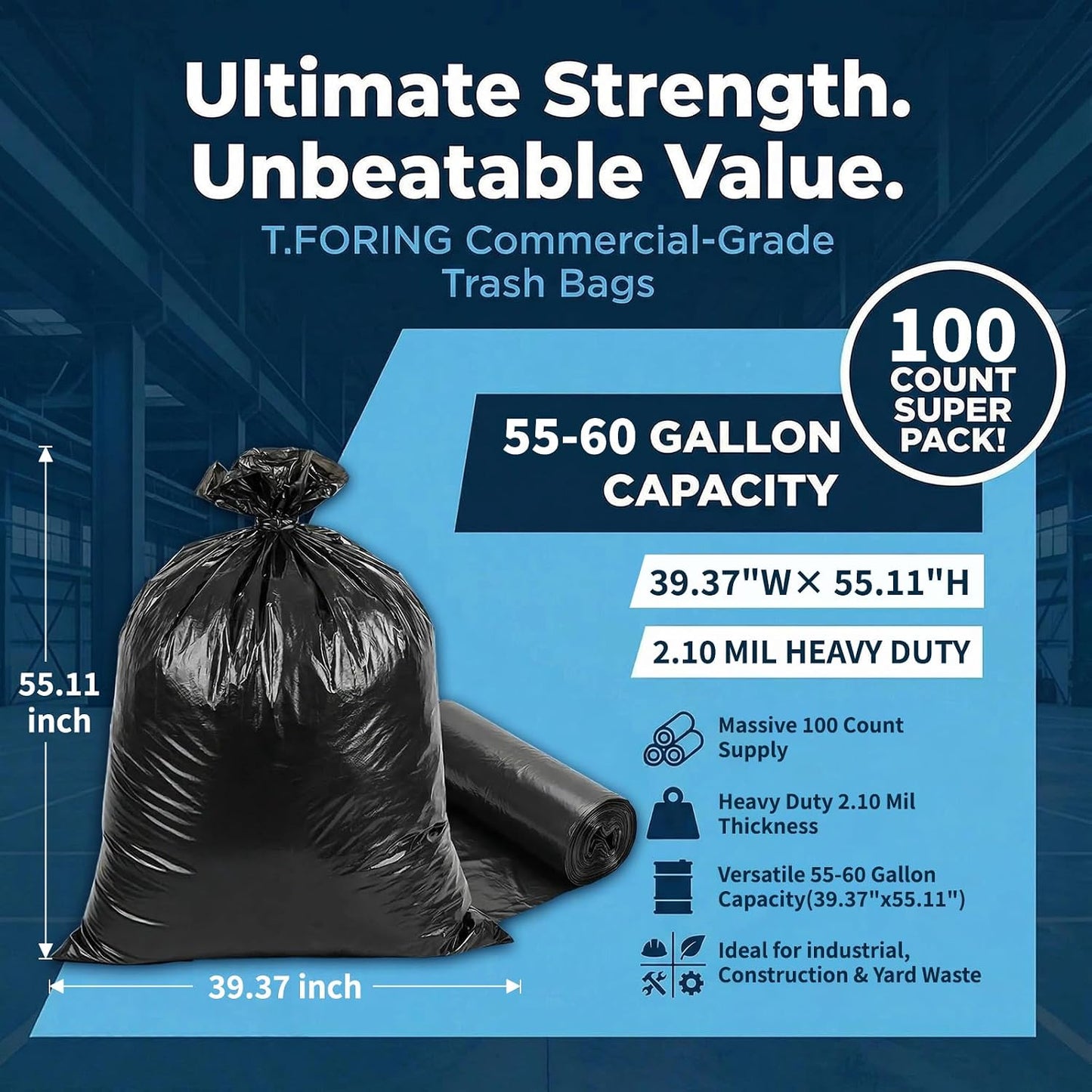 Trash Bags 55-60 Gal Trash Can Liners Large Bag (100 Count)