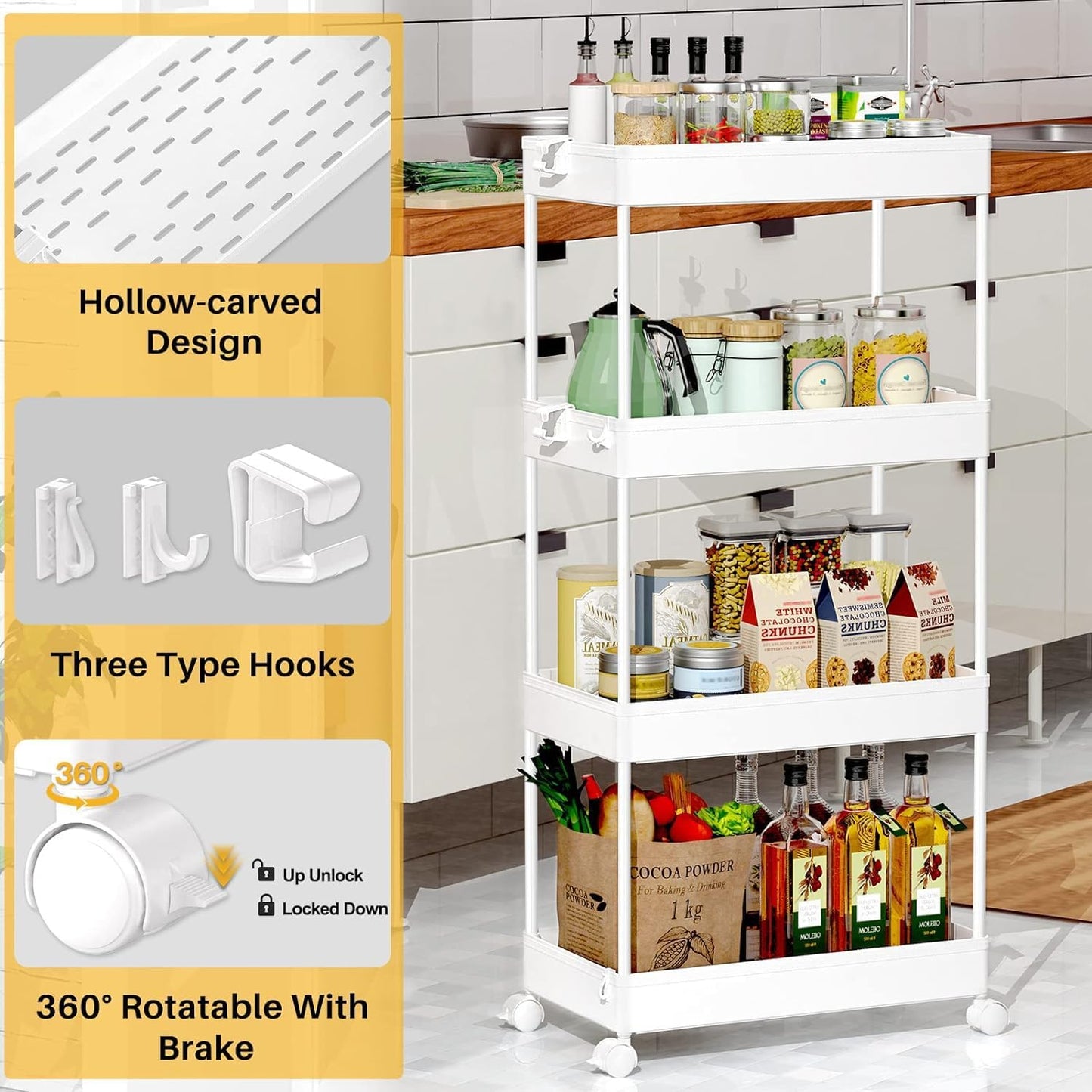 Rolling Utility Cart Slide Out Organizer 4-Tier Shelf Trolley