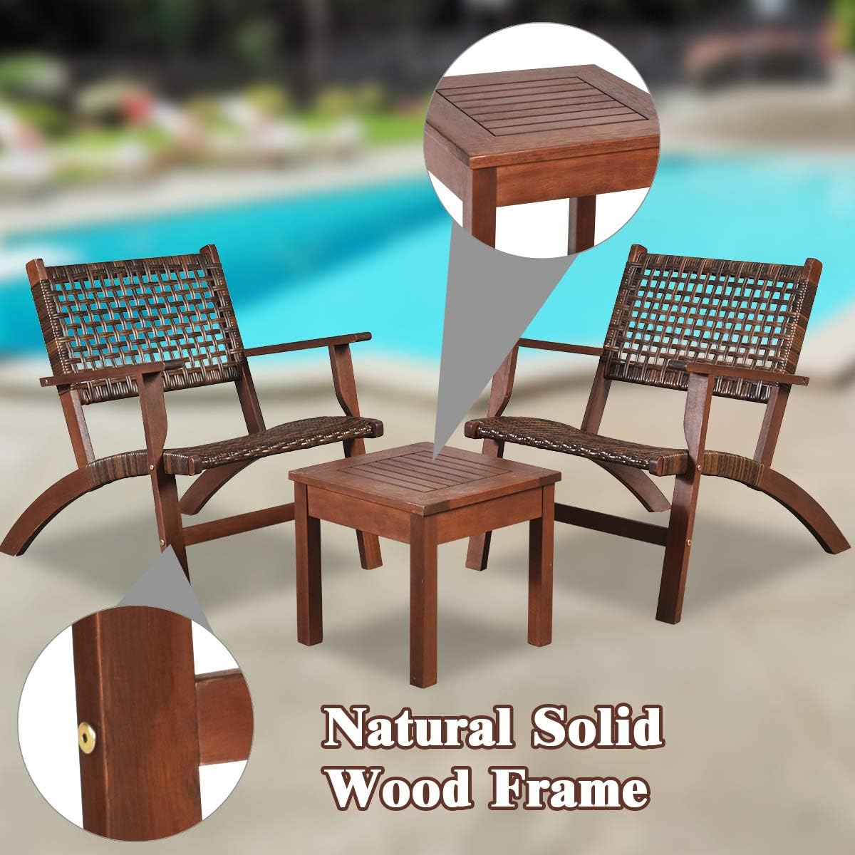 Patio Furniture 3 Pcs Set Solid Wood Frame Chair Coffee Table Set