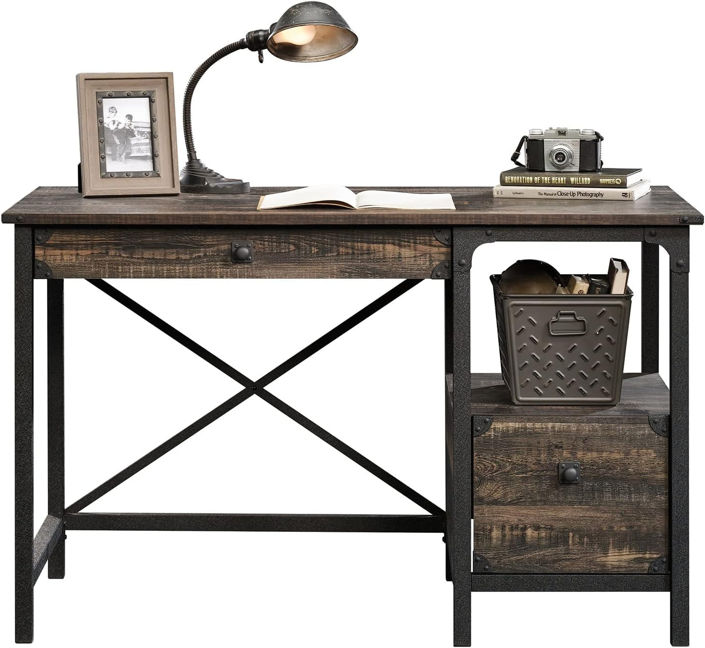 Desk Steel Metal Wood Two Drawers & Open Shelf Pedestal Desk
