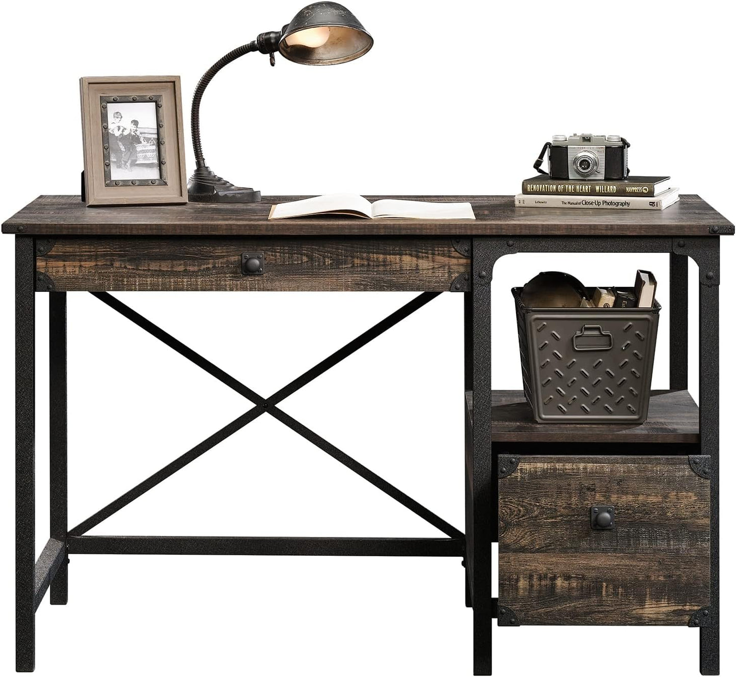 Desk Steel Metal Wood Two Drawers & Open Shelf Pedestal Desk