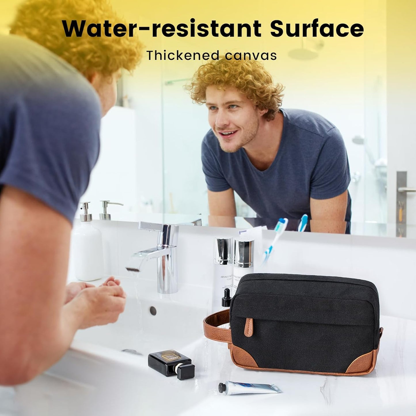 Water Resistant leather Shaving Bag Hanging Kit Toiletry Bag - Black