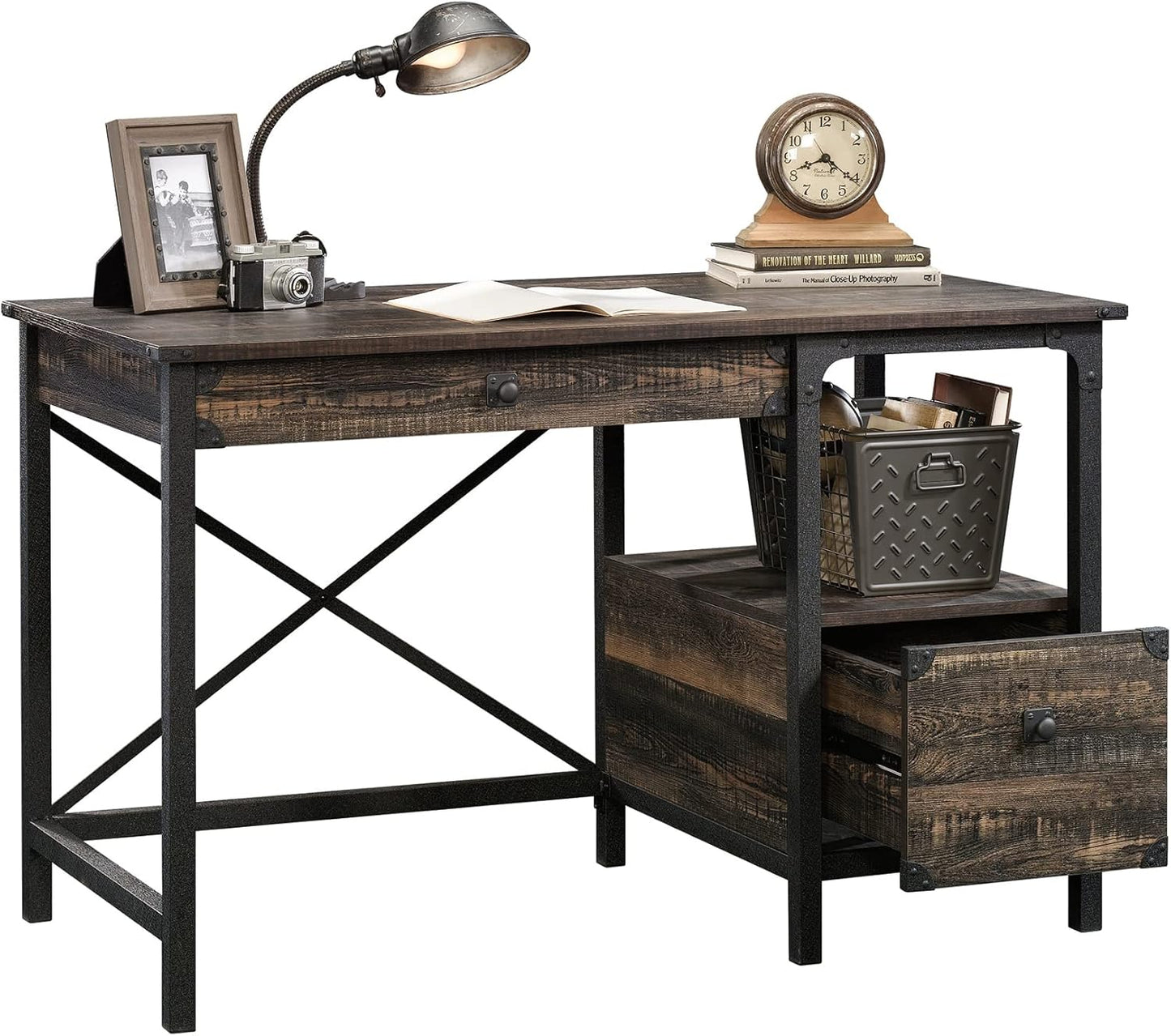 Desk Steel Metal Wood Two Drawers & Open Shelf Pedestal Desk