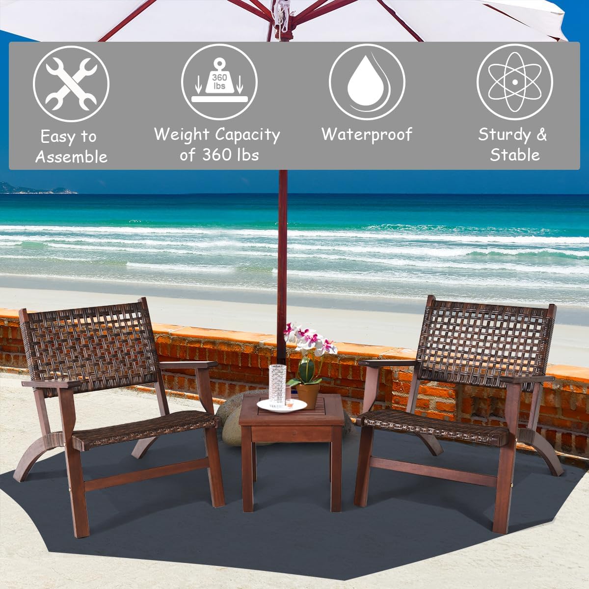 Patio Furniture 3 Pcs Set Solid Wood Frame Chair Coffee Table Set