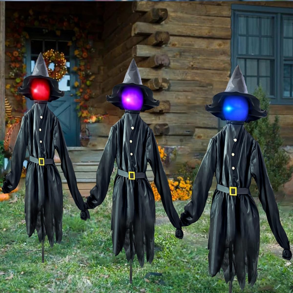 Glowing Face Witches Scary Halloween 3 Light Up 5FT Witches Set
