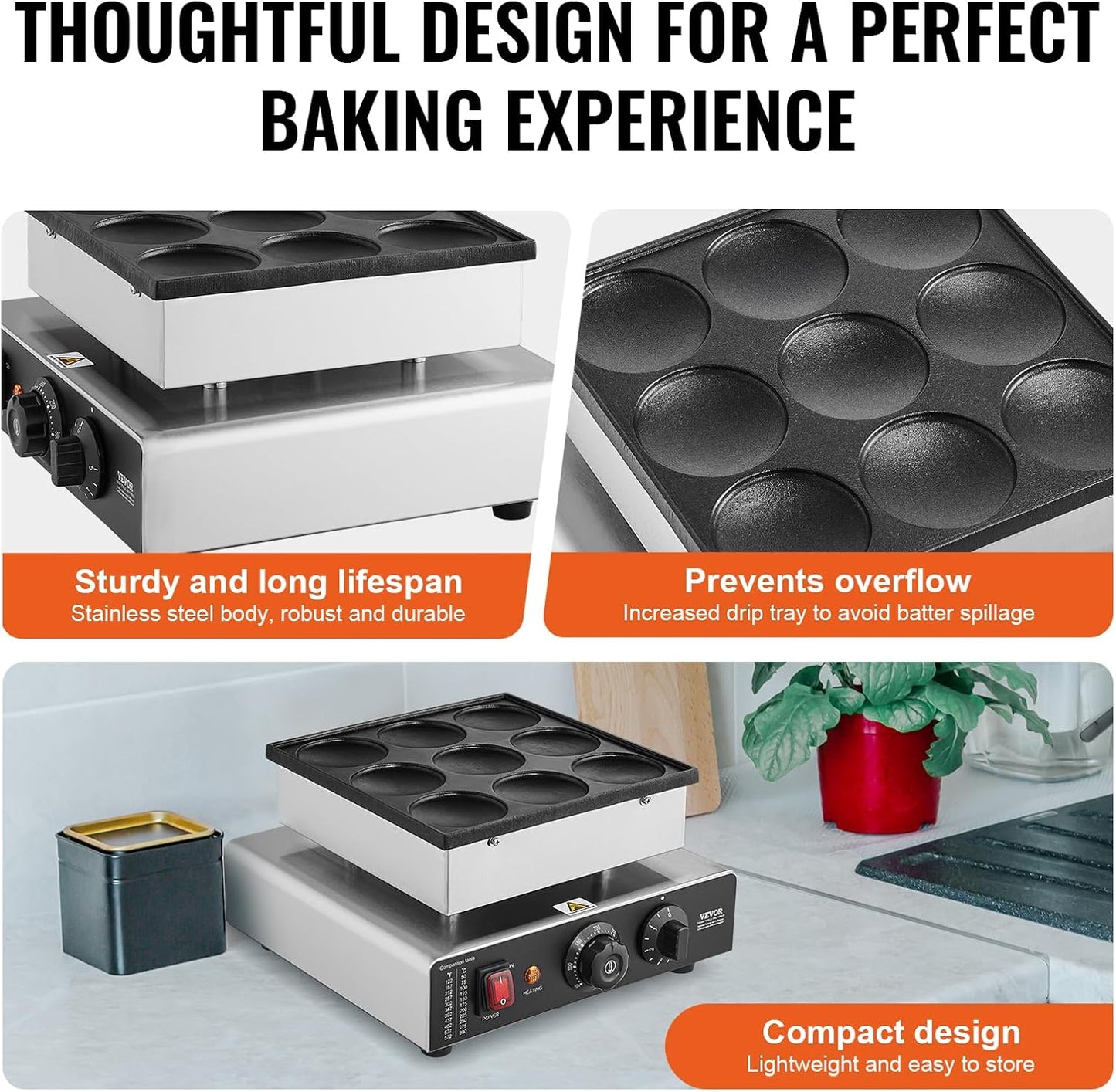 VEVOR Dutch Pancake Maker 9PCS Machine 850W Electric Snack Bar