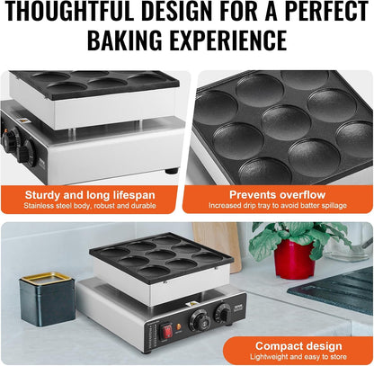 VEVOR Dutch Pancake Maker 9PCS Machine 850W Electric Snack Bar