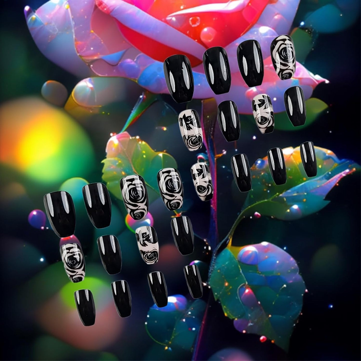 False Nails Rose Flower Acrylic Press Stick On Nails, 24Pcs
