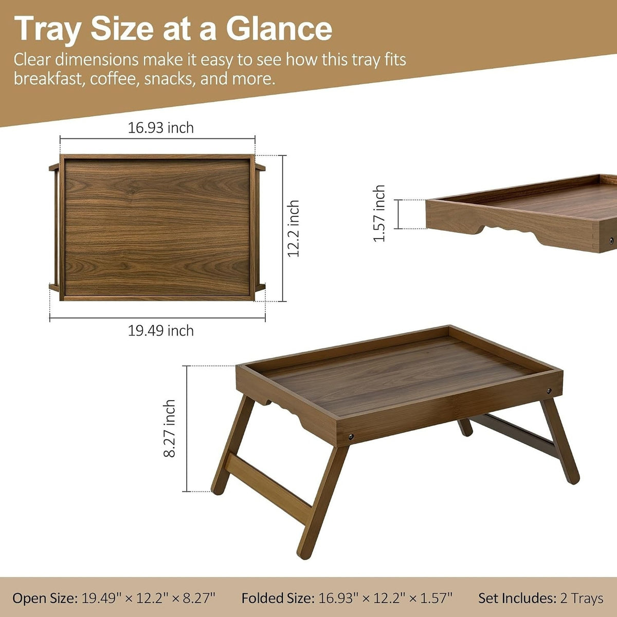 Bamboo Breakfast Tray Set of 2 Folding Legs Bed Sofa Tray, Walnut