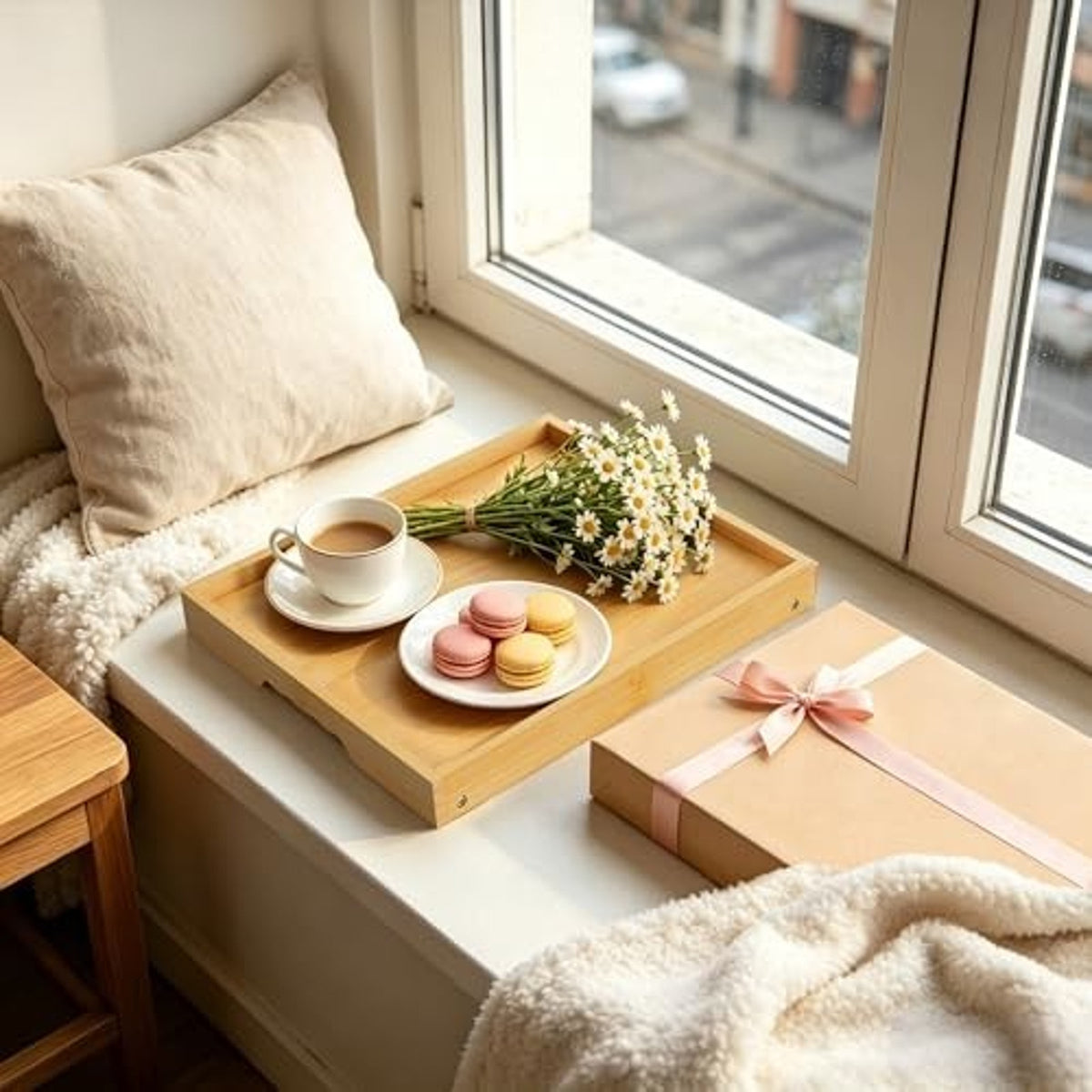 Bamboo Breakfast Tray Folding Breakfast Set of 2 Tray, Natural