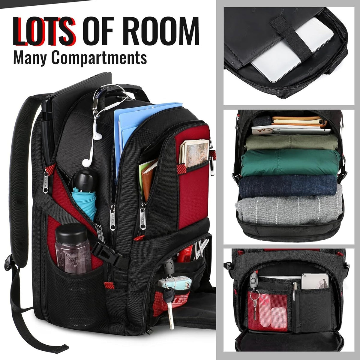 Large Backpack 17" Laptops USB Port Bookbag Work Backpack, Red