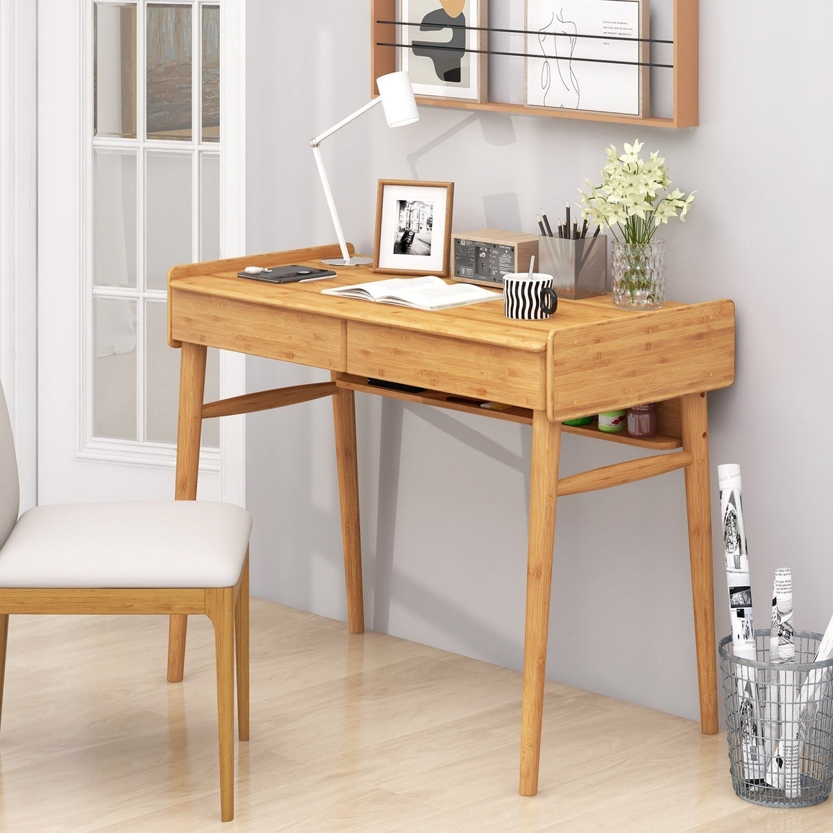 Bamboo Writing Desk W/2 Drawers & Open Shelf Study Writing Desk