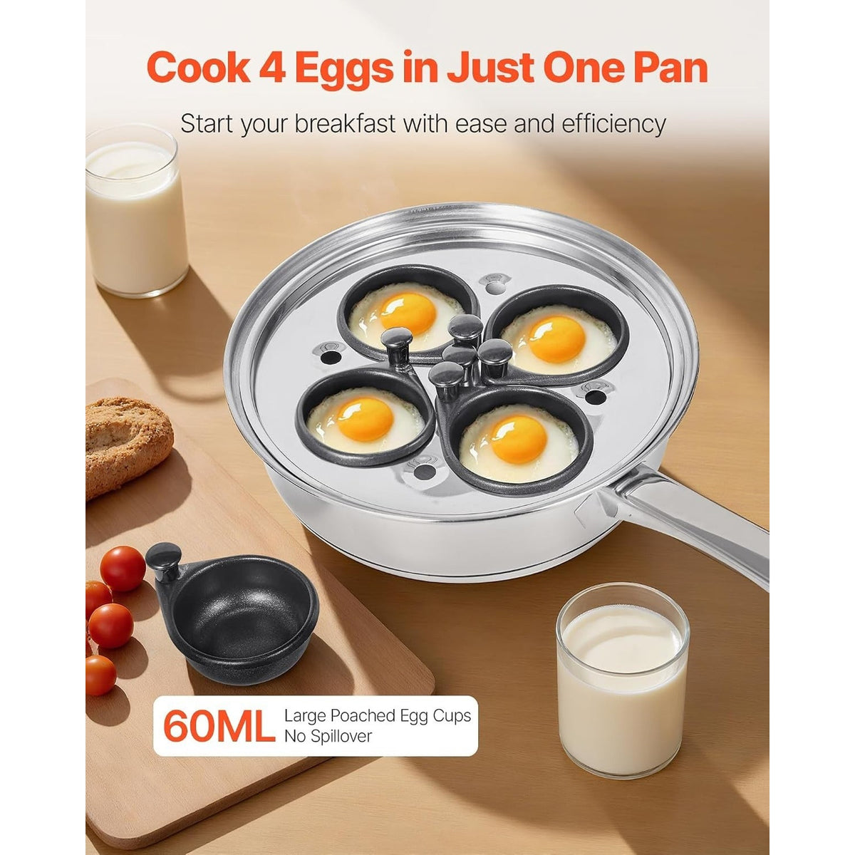 4-Cup Egg Poacher Pan Stainless Steel Nonstick Glass Lid Egg Cup