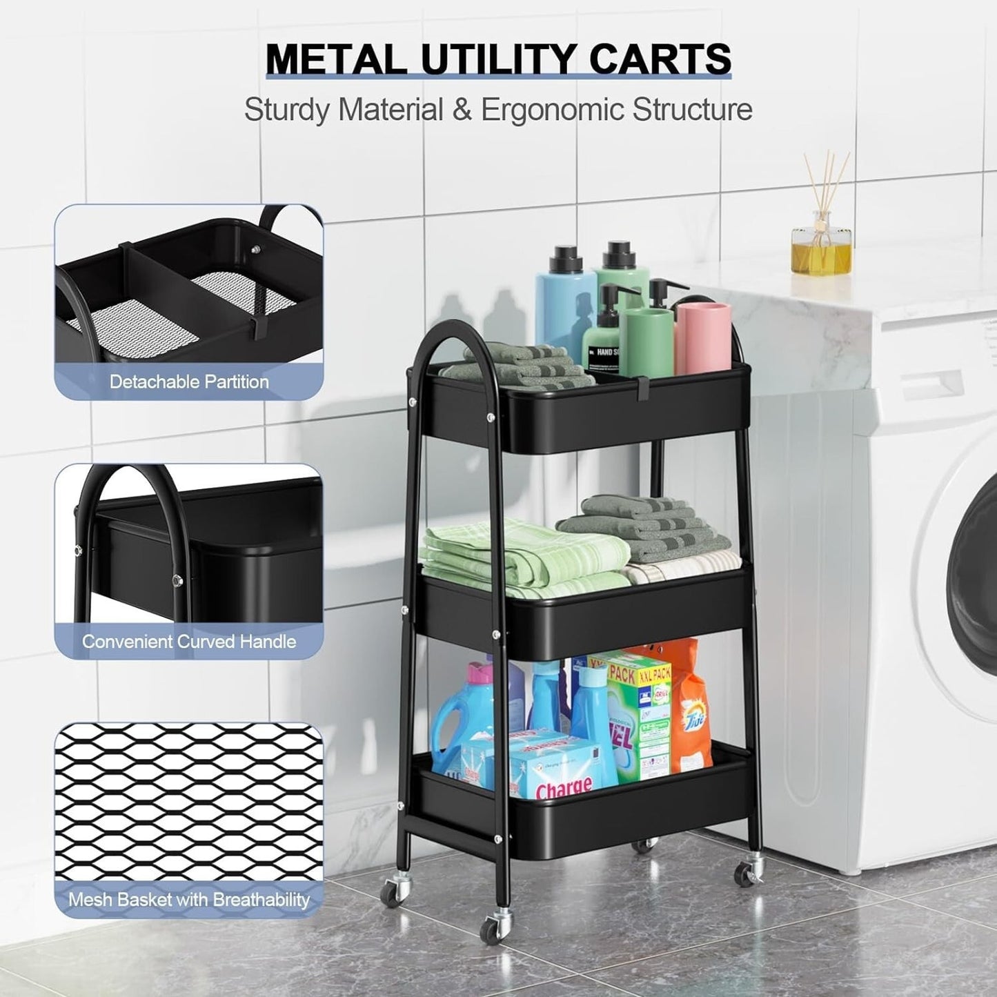 Utility Rolling Cart Metal Storage 3-Tier Trolley Cart, Black