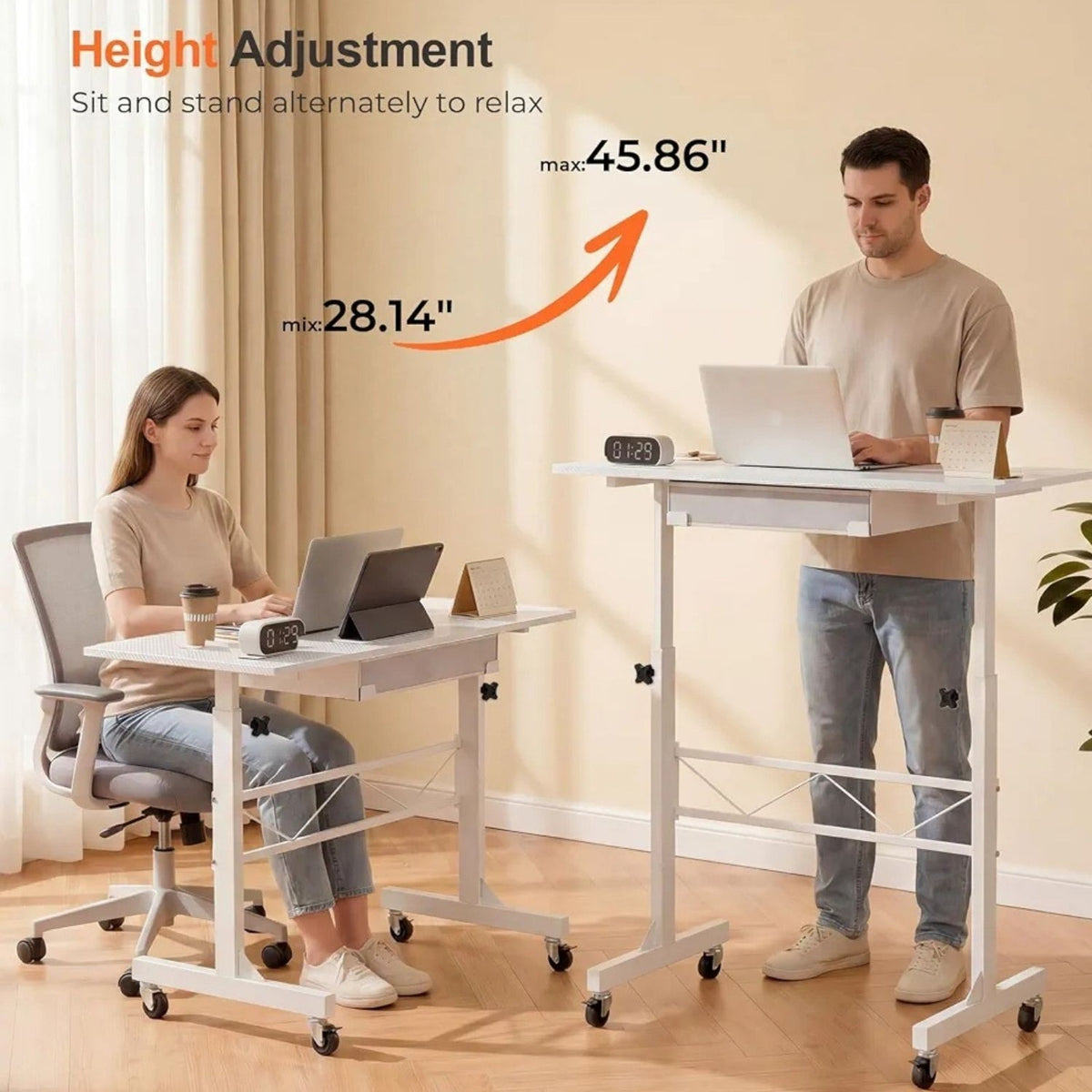 COMHOMA Small Standing Desk W/Storage Drawer 4-Level Rolling Desk