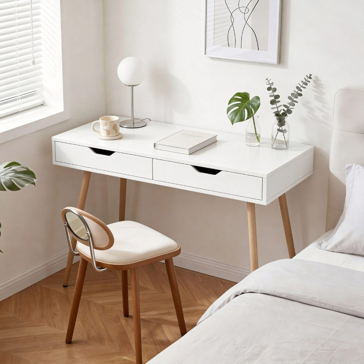 Modern White Writing Desk 2 Drawers Wood Legs 42.5" Home Office