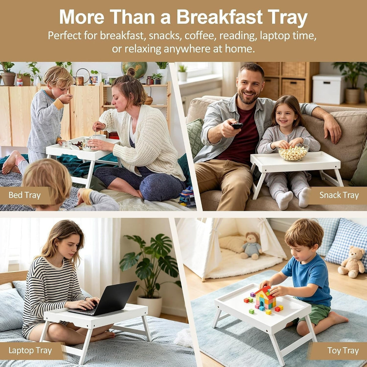 Bamboo Breakfast Tray Folding Legs Breakfast Set of 2 Tray, White