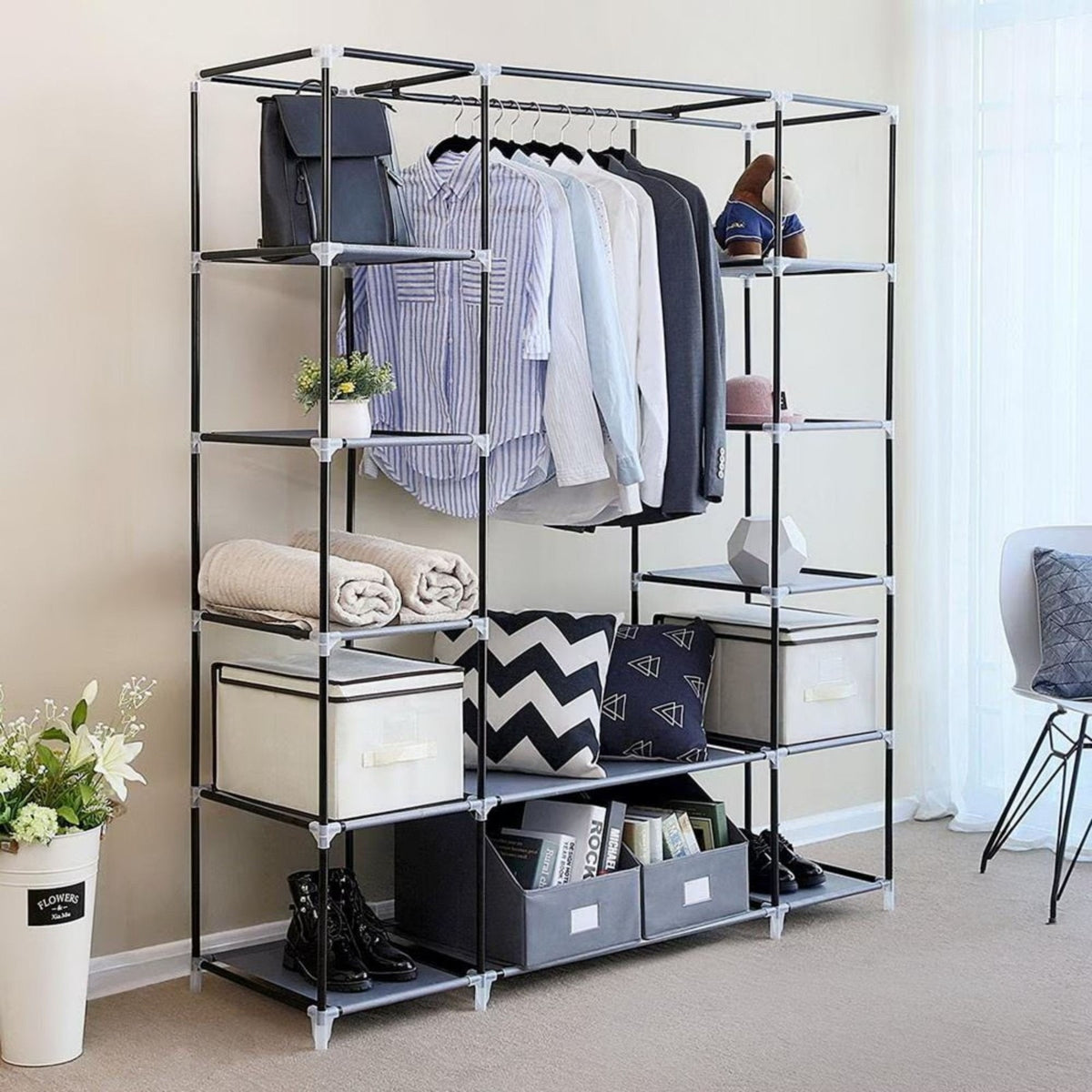 Portable Closet Wardrobe Rack Storage Organizer W/Shelves, Black