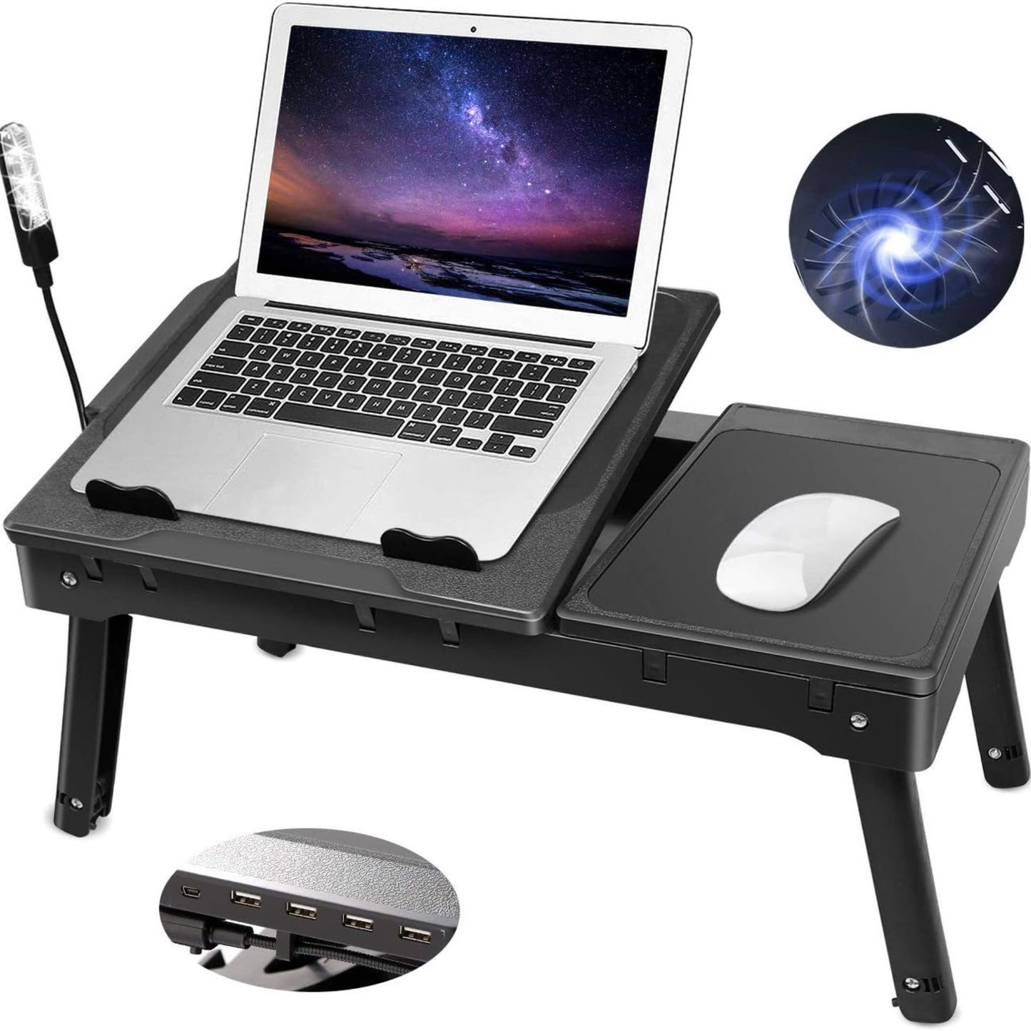 Laptop Desk Foldable W/Cooling Fan USB Hub LED Light Stand Table