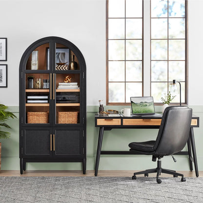 Enzo Writing Desk 3 Rattan Storage Drawers 54"W Desk, Black