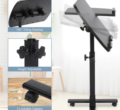Overbed Desk Bedside Tiltable Tabletop Rolling Table, Black