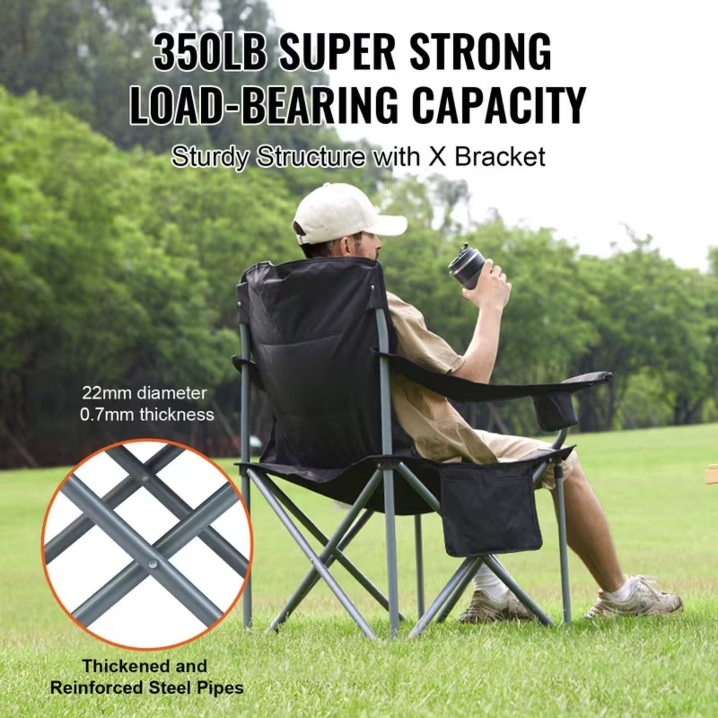 Camping Chair Padded Lumbar Support Cooler Bag Cup Holder, Black