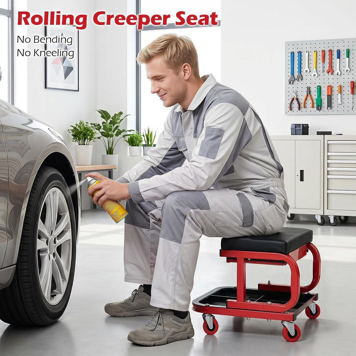 Rolling Mechanic Stool W/Magnetic Drawer & Tool Tray Creeper, Red