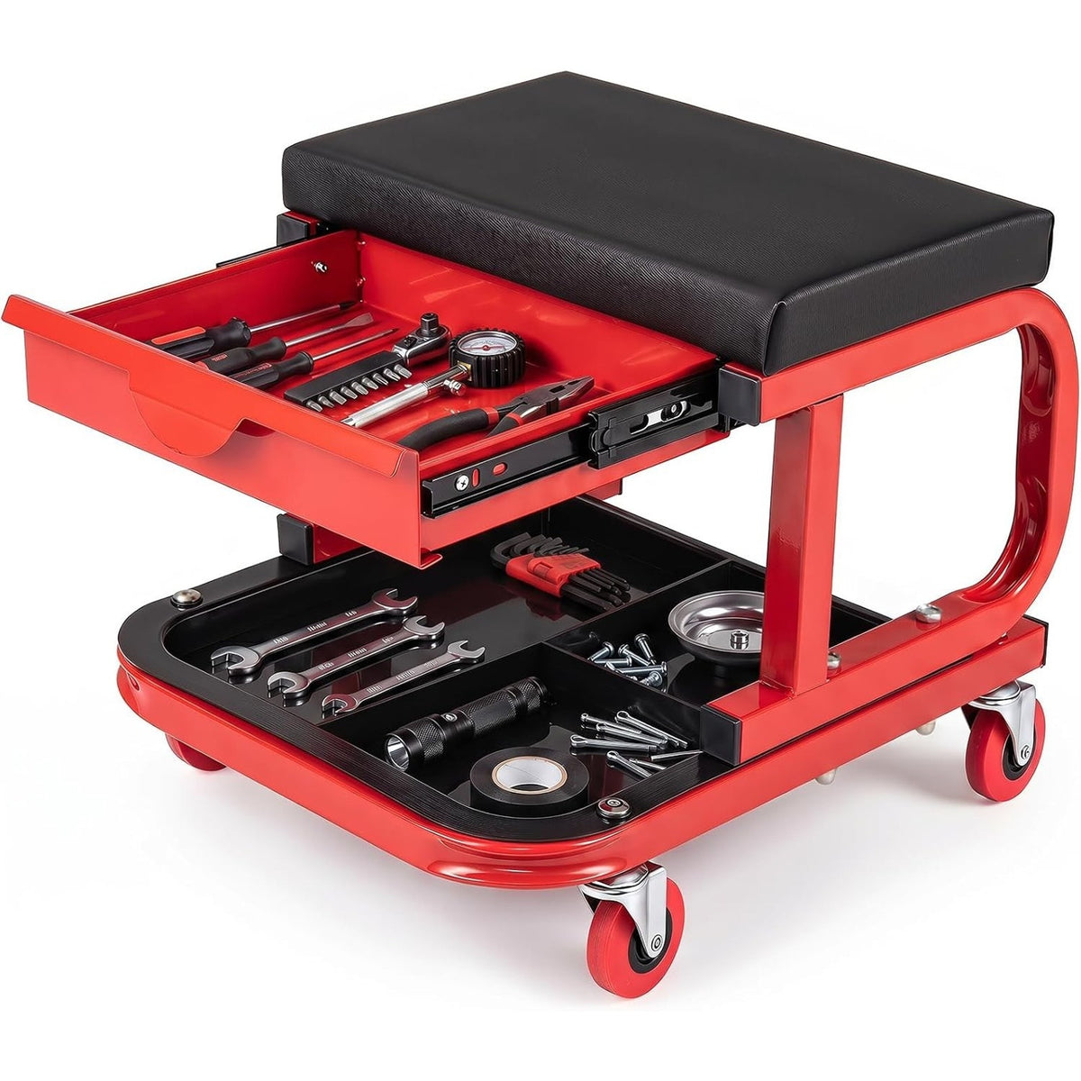 Rolling Mechanic Stool W/Magnetic Drawer & Tool Tray Creeper, Red