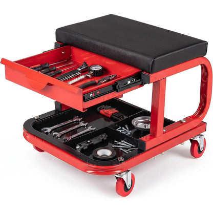 Rolling Mechanic Stool W/Magnetic Drawer & Tool Tray Creeper, Red