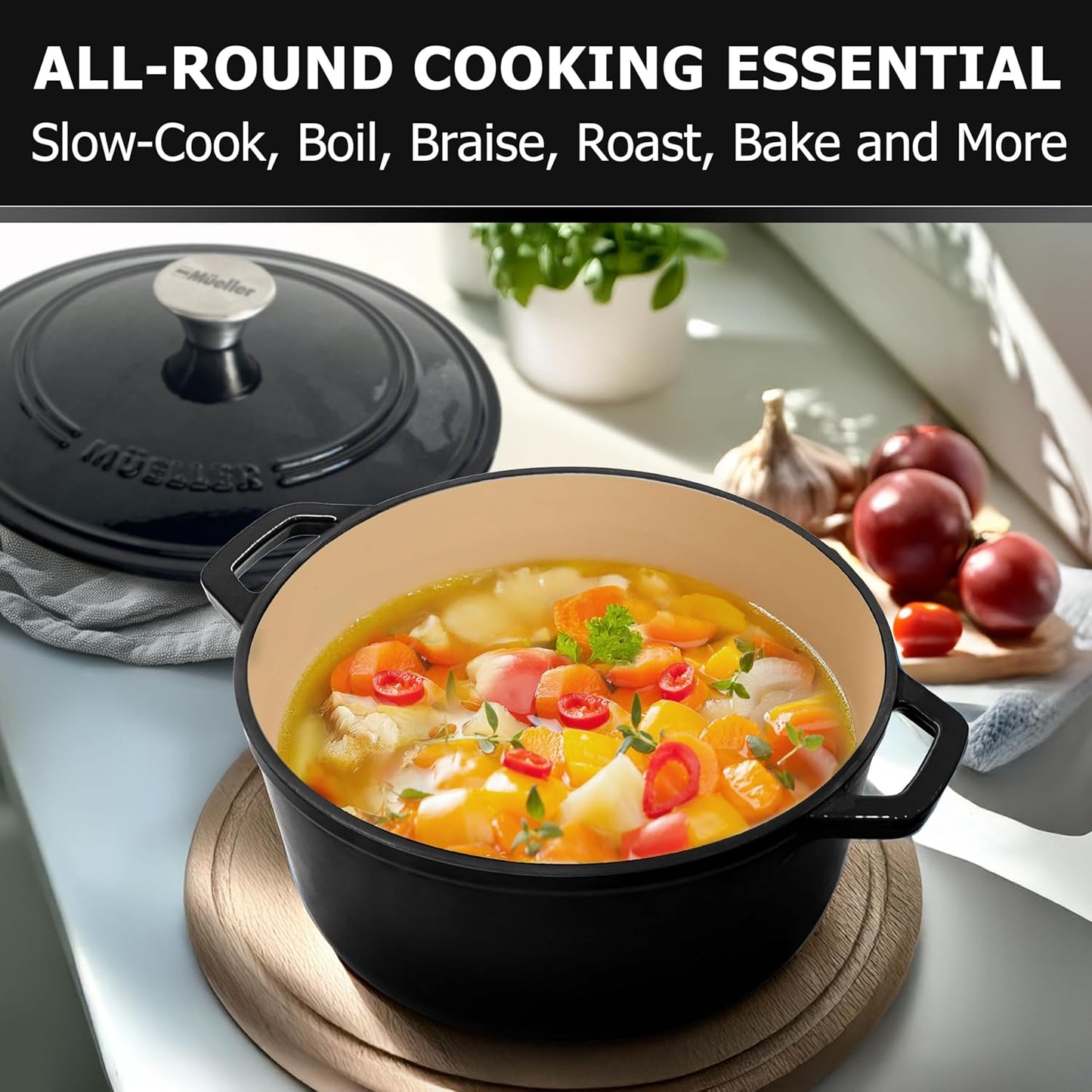 Enameled Cast Iron Dutch Oven Casserole W/Lid, 6 Qt - Black