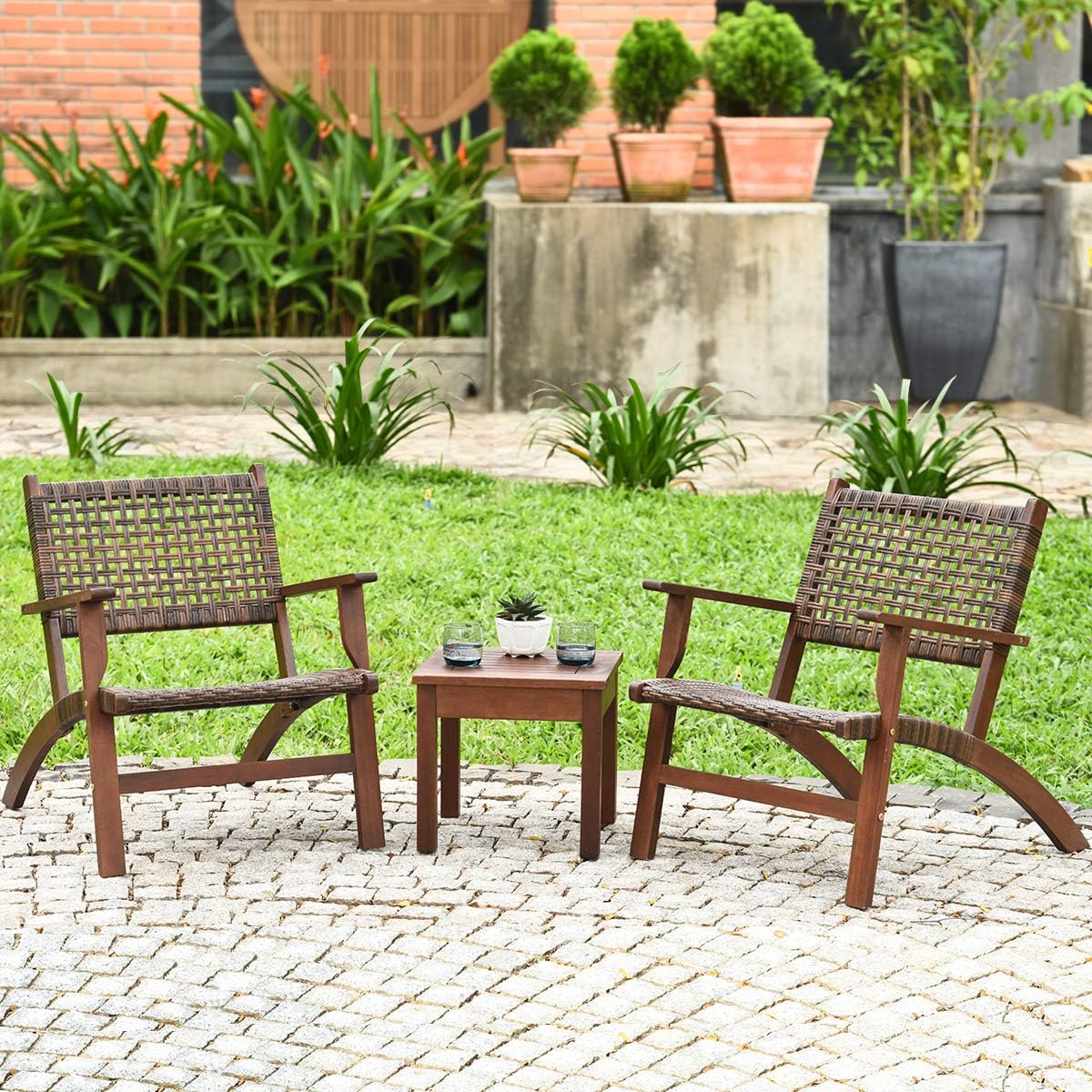 Patio Furniture 3 Pcs Set Solid Wood Frame Chair Coffee Table Set