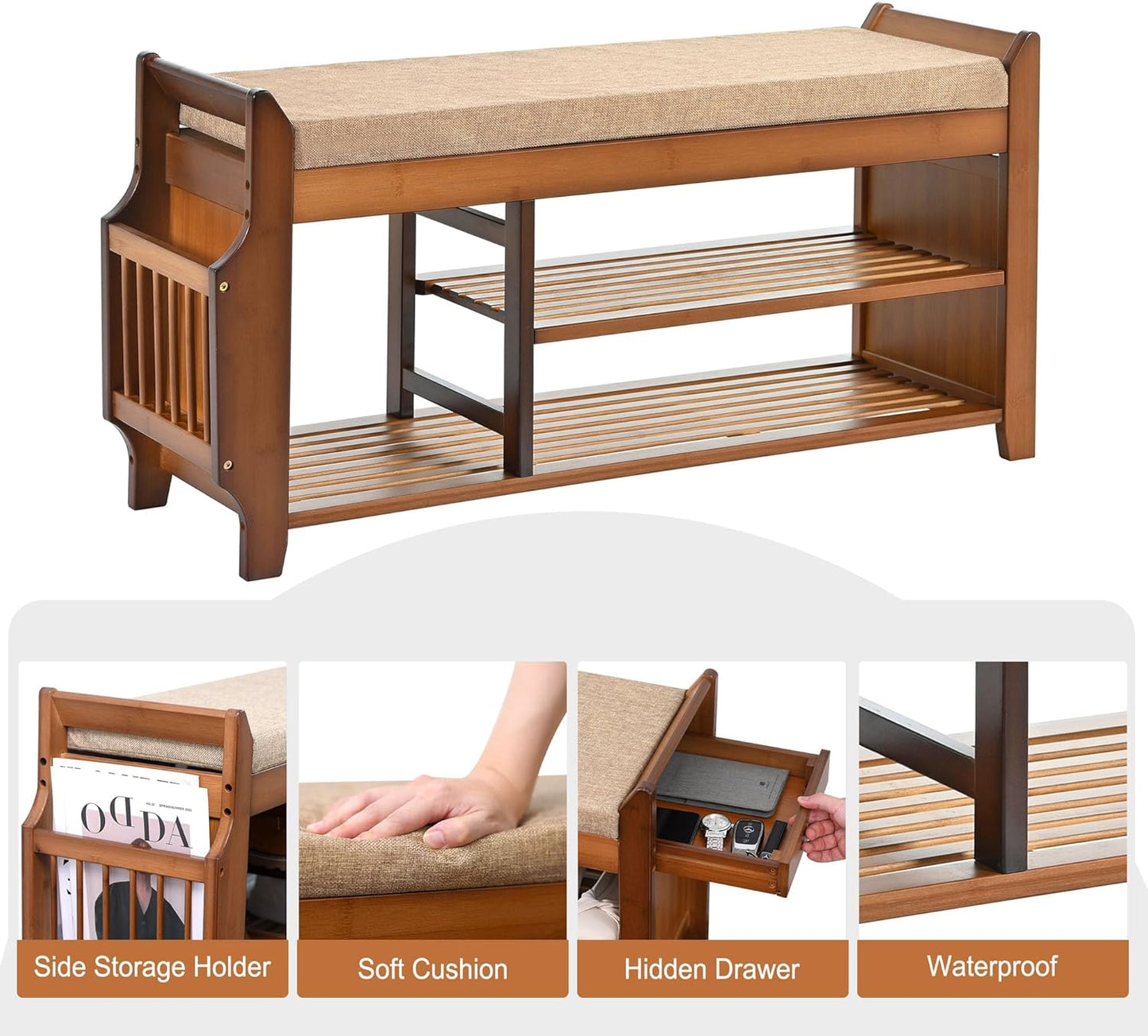 Entryway Bamboo 2 Tier Shoe Rack Bench W/Hidden Drawer Organizer