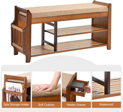 Entryway Bamboo 2 Tier Shoe Rack Bench W/Hidden Drawer Organizer