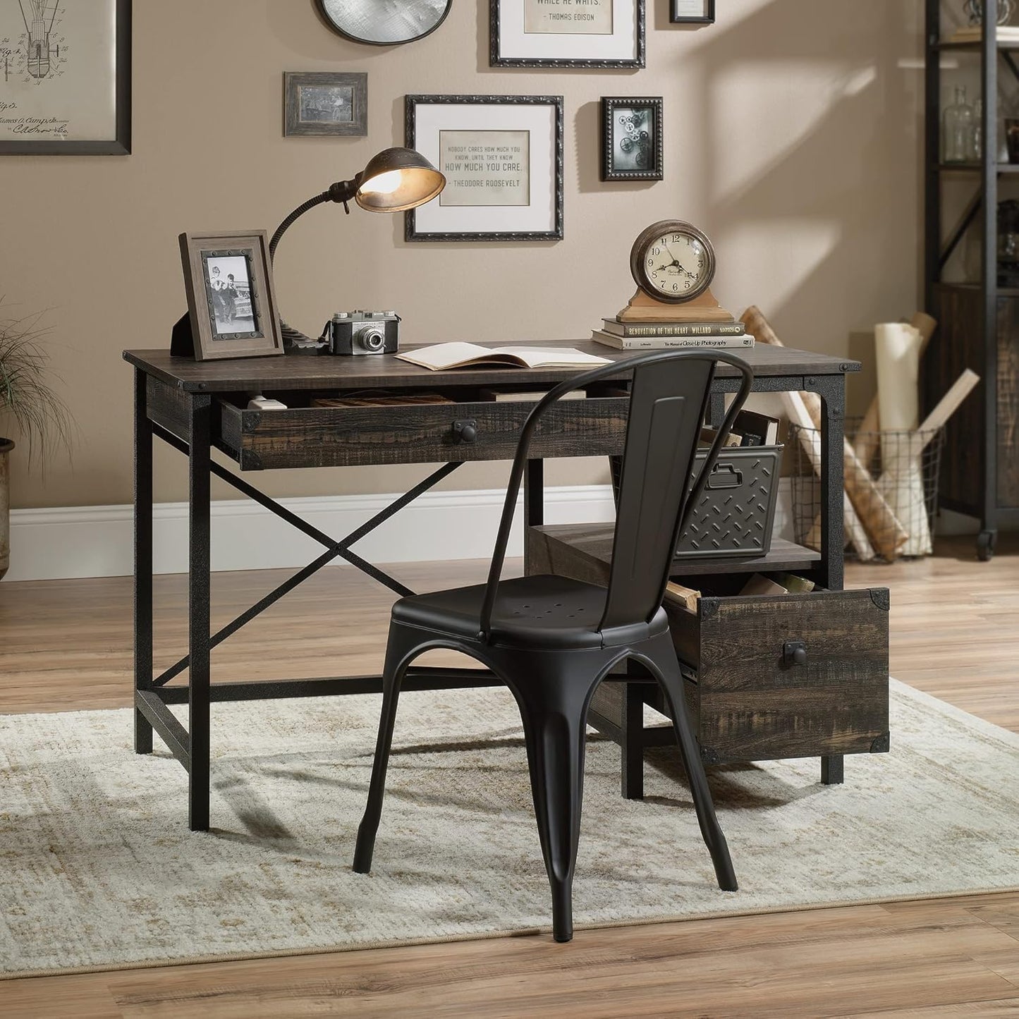 Desk Steel Metal Wood Two Drawers & Open Shelf Pedestal Desk