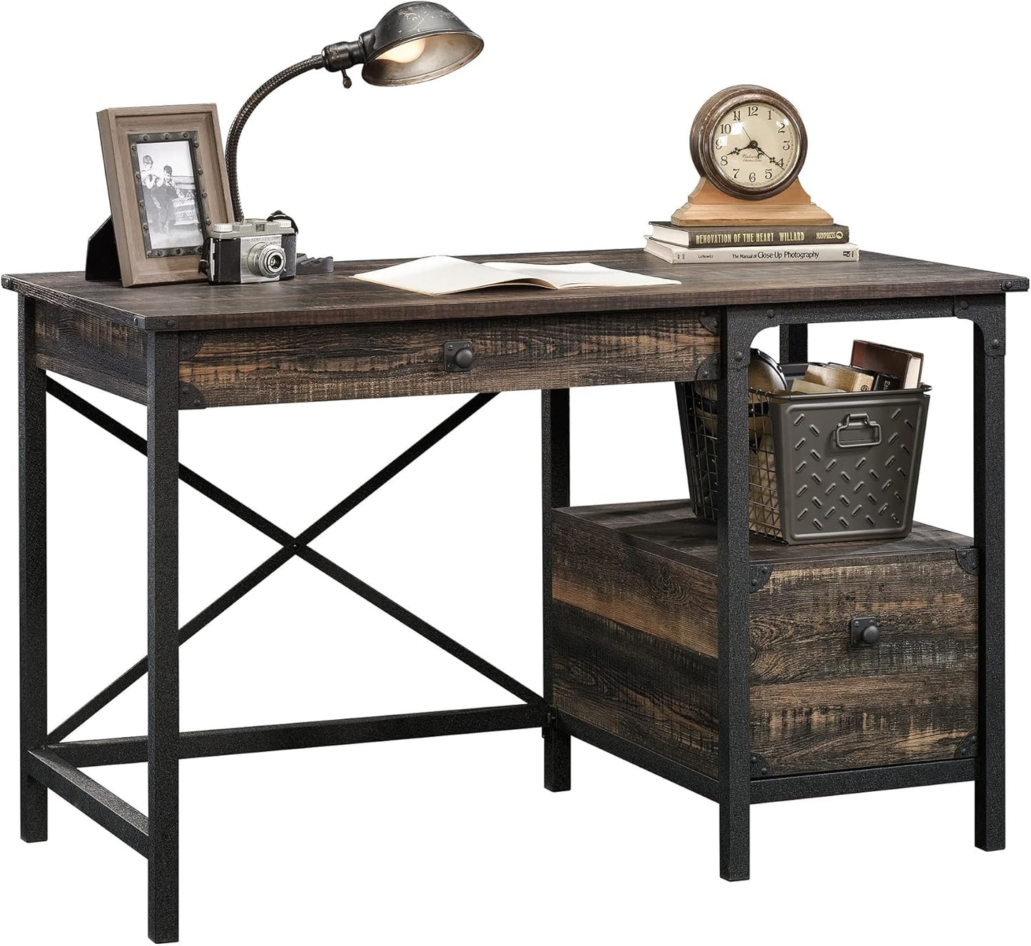 Desk Steel Metal Wood Two Drawers & Open Shelf Pedestal Desk