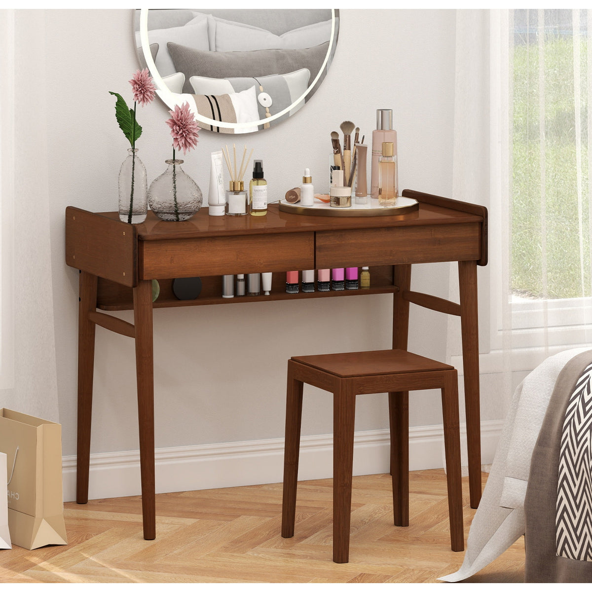 Bamboo Writing Desk W/2 Drawers & Open Shelf Study Desk, Walnut