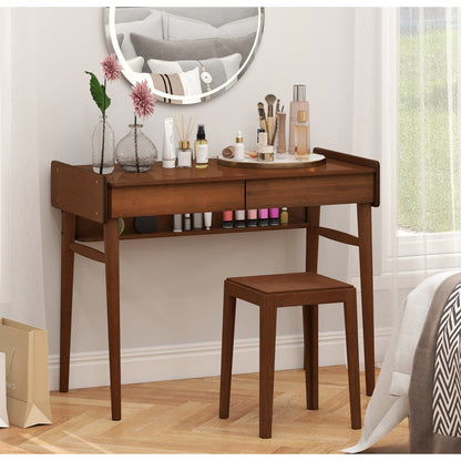 Bamboo Writing Desk W/2 Drawers & Open Shelf Study Desk, Walnut