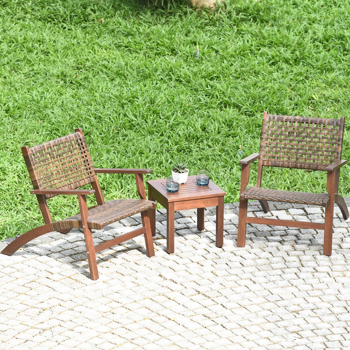 Patio Furniture 3 Pcs Set Solid Wood Frame Chair Coffee Table Set