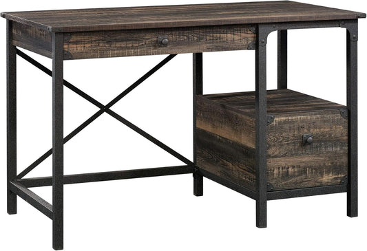 Desk Steel Metal Wood Two Drawers & Open Shelf Pedestal Desk