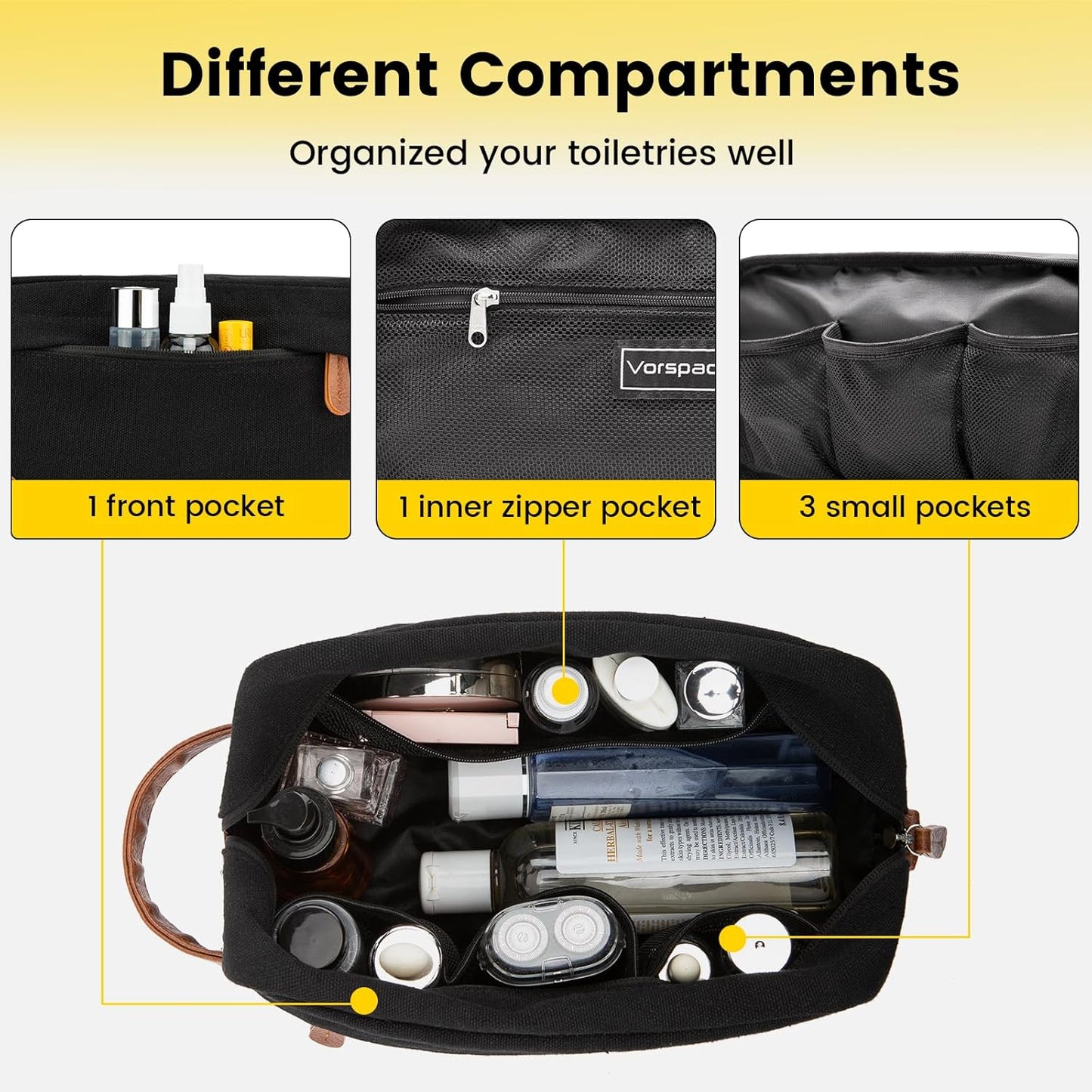 Water Resistant leather Shaving Bag Hanging Kit Toiletry Bag - Black