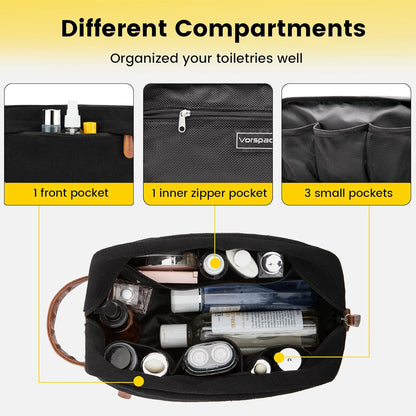 Water Resistant leather Shaving Bag Hanging Kit Toiletry Bag - Black