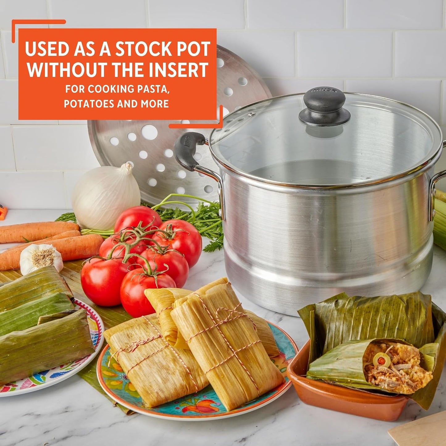 IMUSA Aluminum Steamer with Glass Lid Steamer Pot 10-Qt, Silver