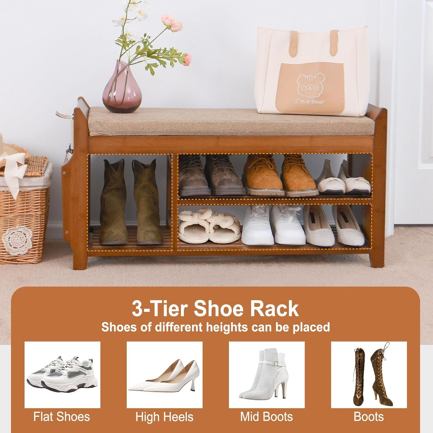 Entryway Bamboo 2 Tier Shoe Rack Bench W/Hidden Drawer Organizer