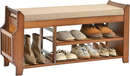 Entryway Bamboo 2 Tier Shoe Rack Bench W/Hidden Drawer Organizer