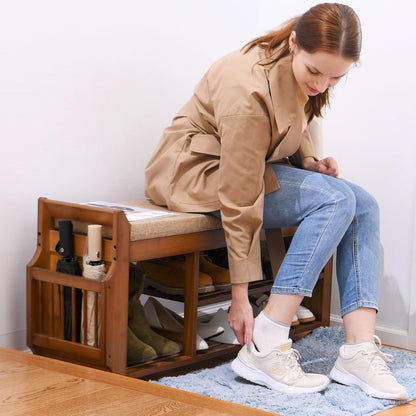 Entryway Bamboo 2 Tier Shoe Rack Bench W/Hidden Drawer Organizer