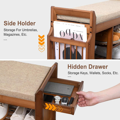 Entryway Bamboo 2 Tier Shoe Rack Bench W/Hidden Drawer Organizer