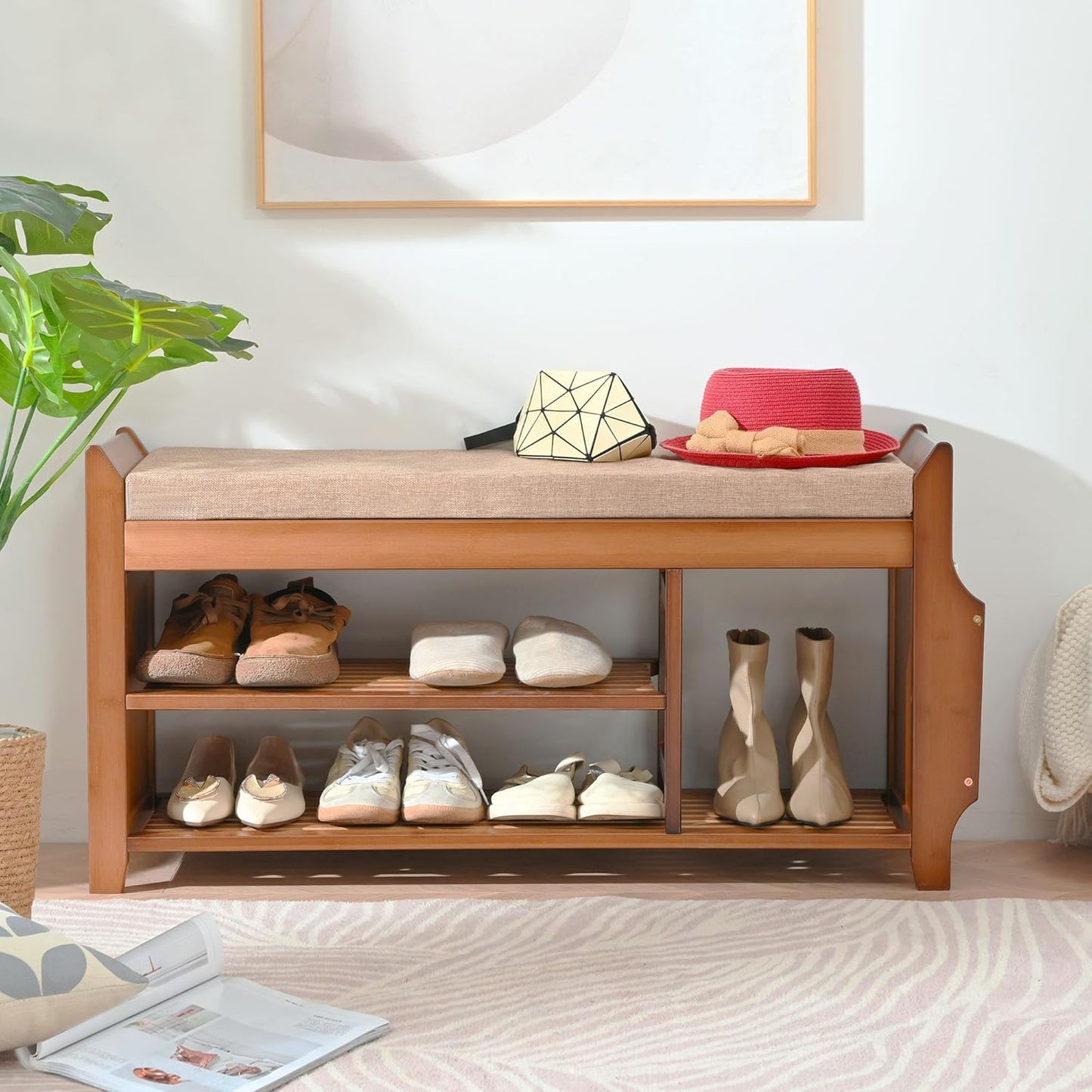 Entryway Bamboo 2 Tier Shoe Rack Bench W/Hidden Drawer Organizer