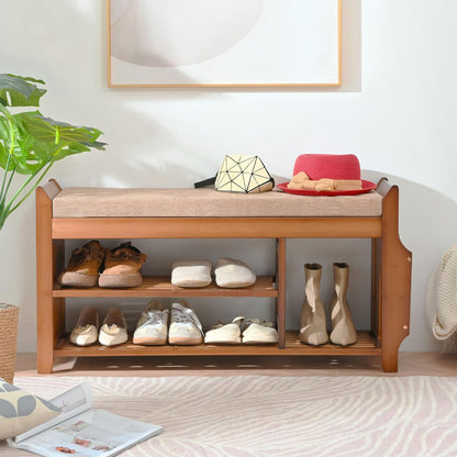 Entryway Bamboo 2 Tier Shoe Rack Bench W/Hidden Drawer Organizer