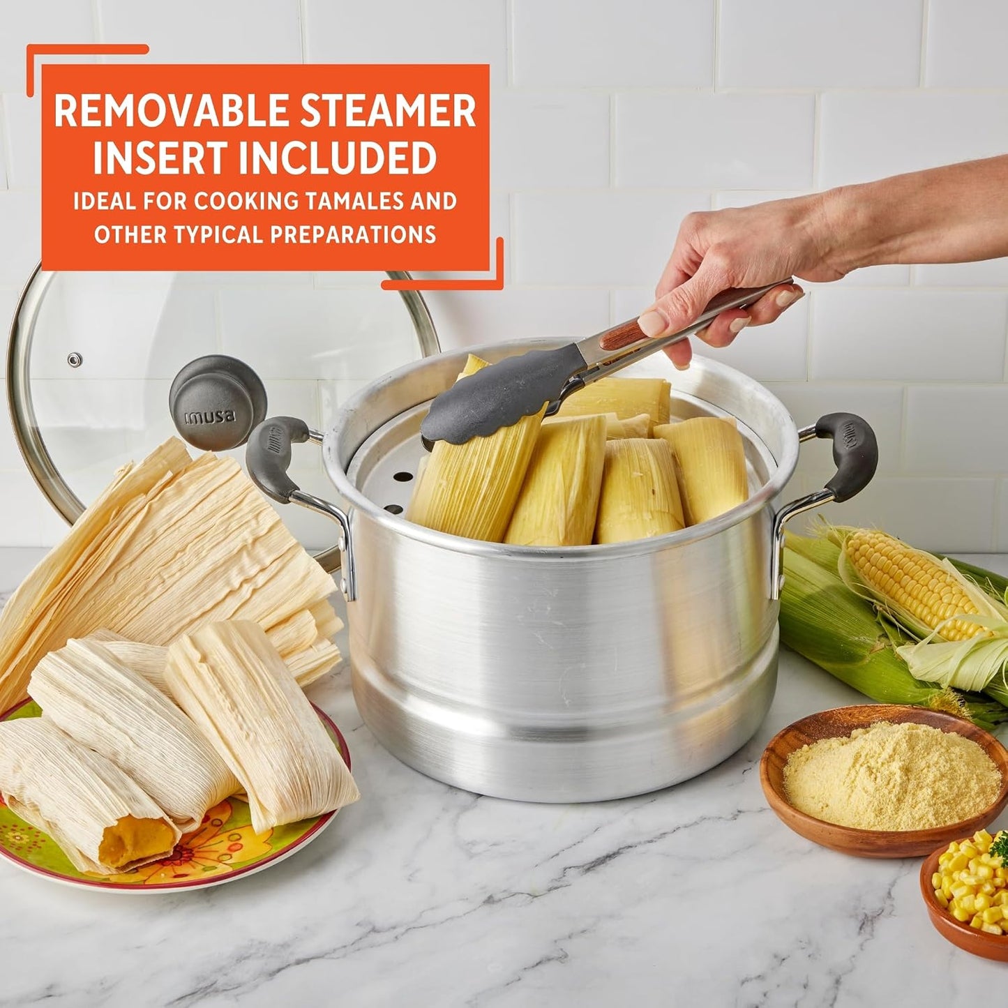 IMUSA Aluminum Steamer with Glass Lid Steamer Pot 10-Qt, Silver