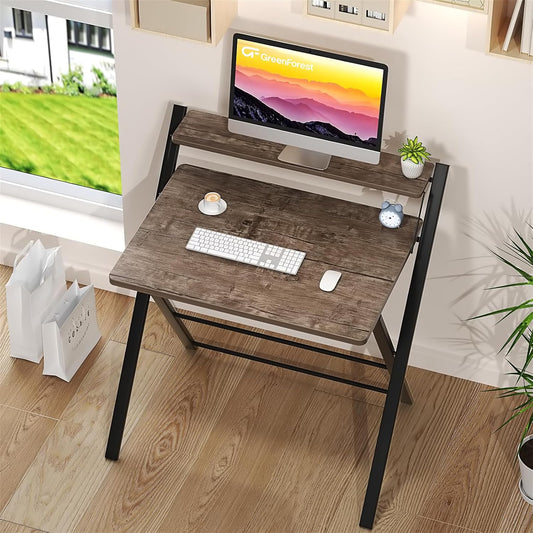 Folding Desk 2-Tier Foldable Small Spaces 27"W Home Office-Brown